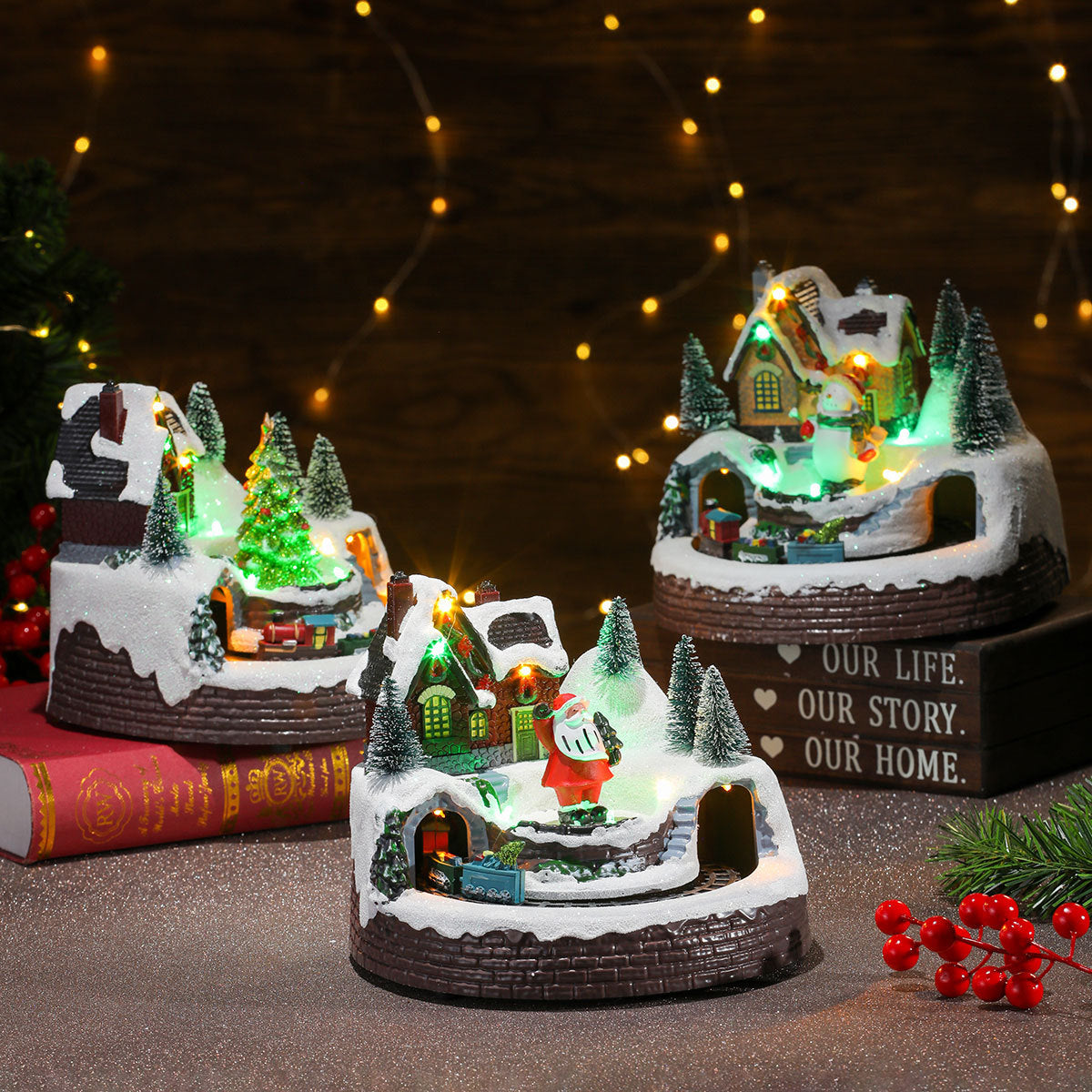棚に並べたクリスマスビレッジ 点灯イメージ